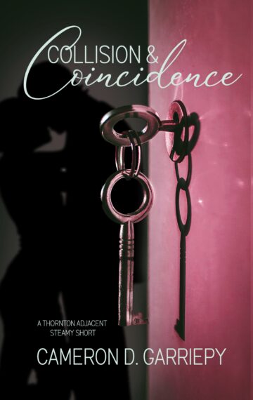 THe cover of Cameron Garriepy's Collision and Coincidence. The image is a rose-filtered close up of an old-fashioned key hanging from a door lock. In the shadows beyond, a silhouetted couple embraces.